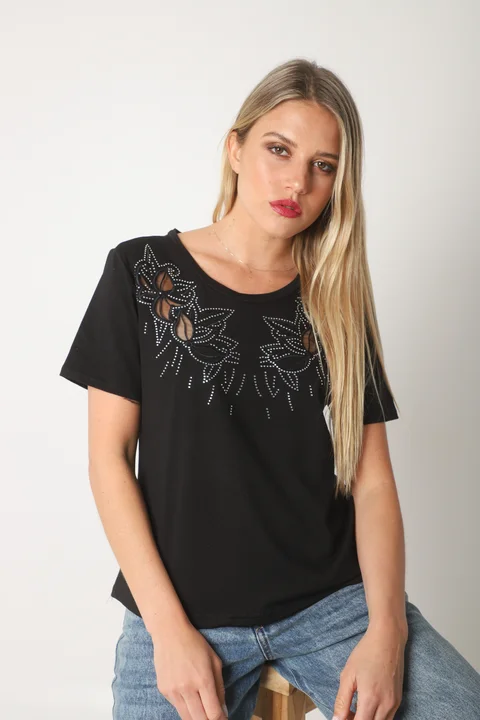 Remera FLOR BORDADA TULL STRASS GUK70031
