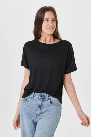 Remera Muaa Black Creppe Manga con Tachas - Vista 1