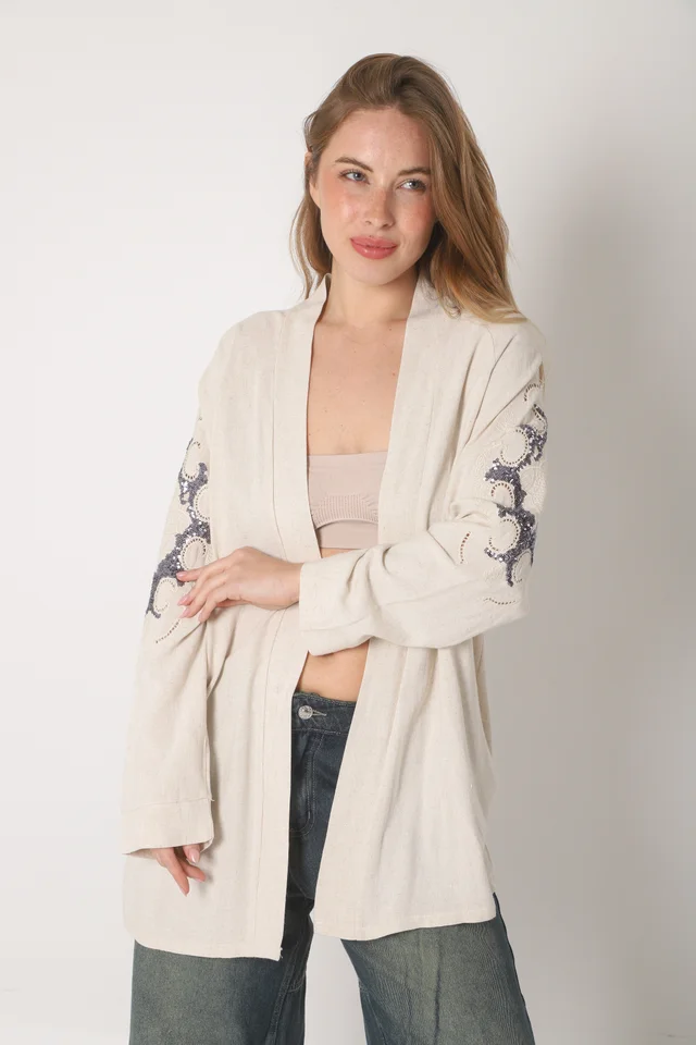 Kimono KEANE Lino Grueso Bordado c/ Lentejuelas GU94666
