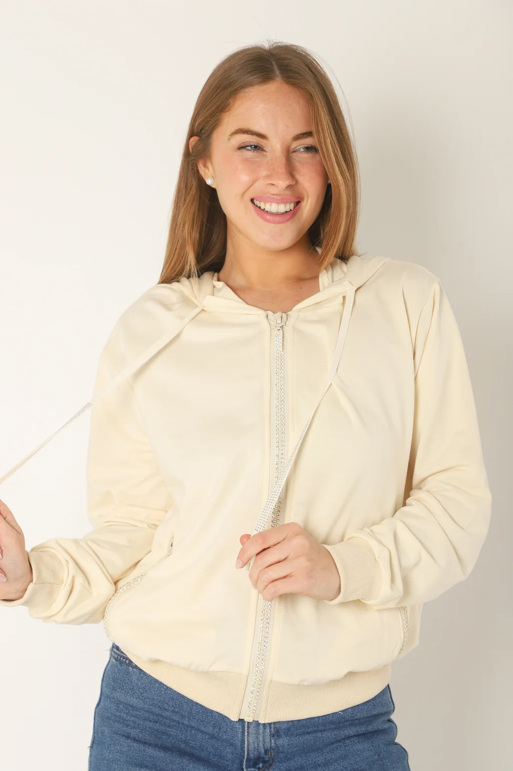 Campera Siena Beige Algodon con Cierres con Brillos GUK166