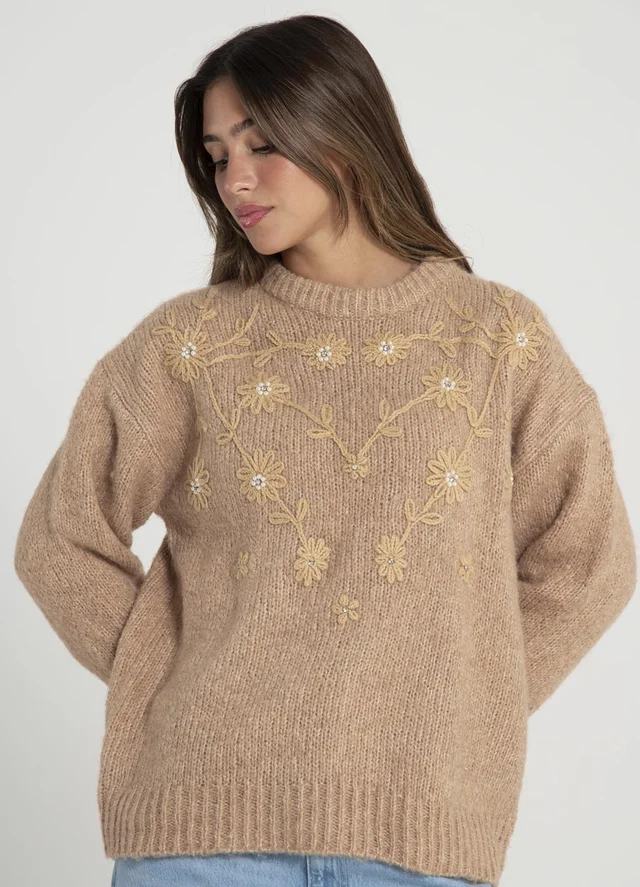 Sweater bordado flores y canutillos 