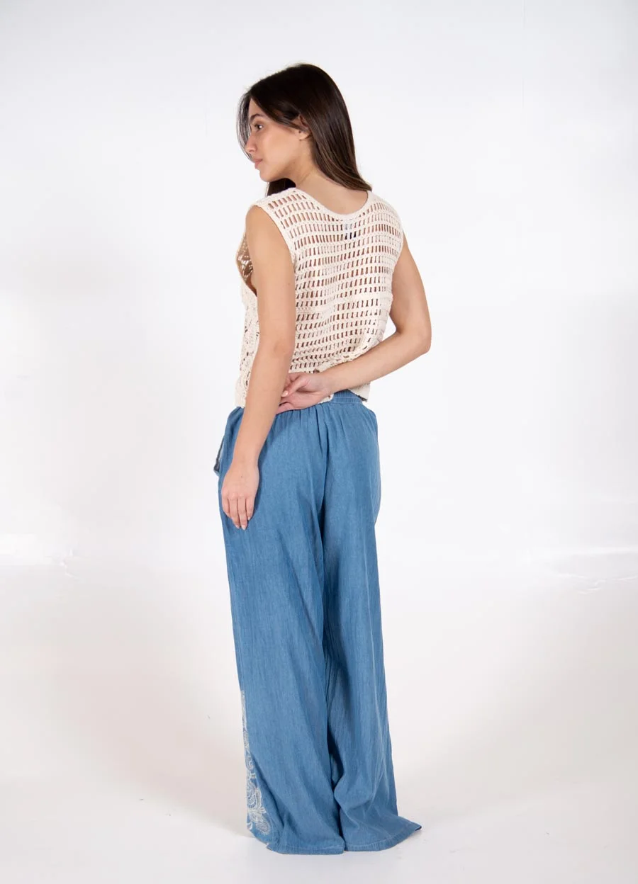 Palazzo denim bordado 