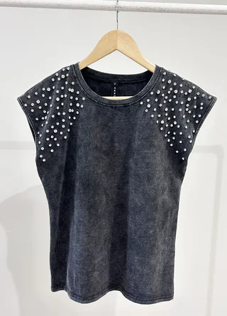 Musculosa prelavada spandex con strass en hombro  - Vista 4