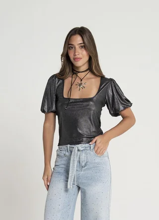 Remera manga bombe escote cuadrado metalzada  - Vista 2