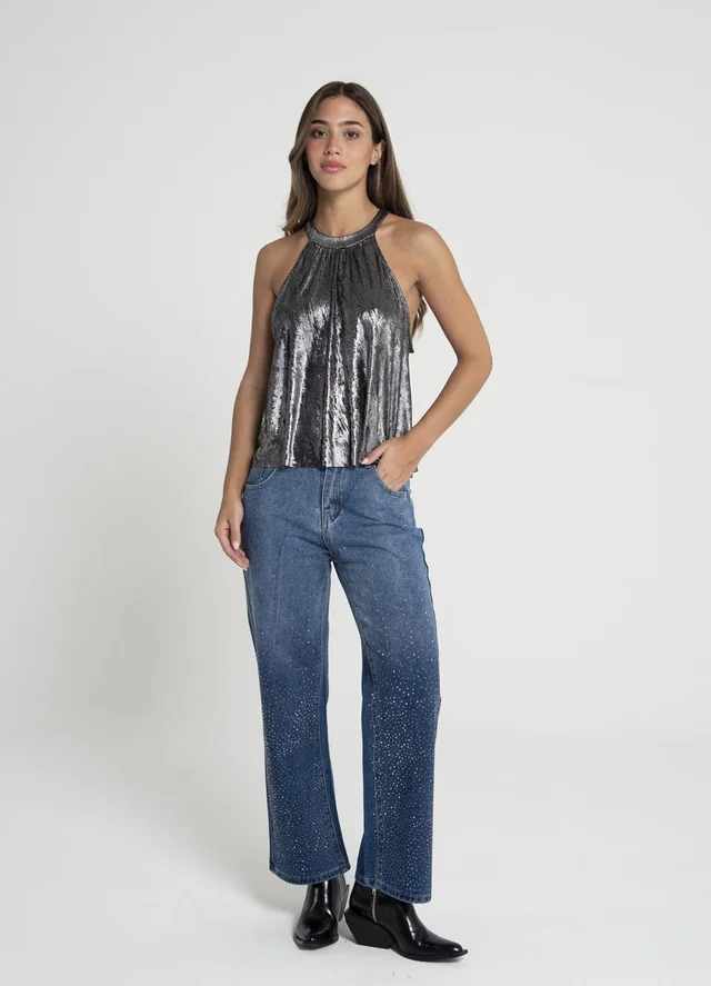 Blusa cuello halter metalizada para atar 