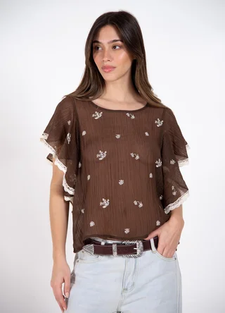 Blusa sedita bordada con volado en hombro - Vista 3