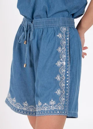 Short denim con bodado y lentejuelas  - Vista 3