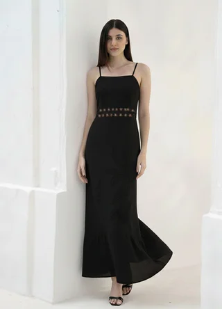 Solero de lino con recorte en cintura y bordado en falda - Vista 3