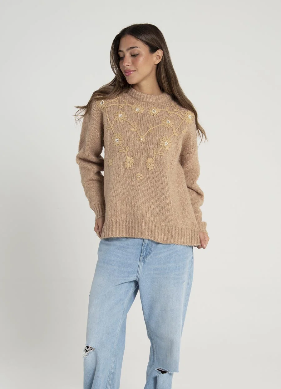 Sweater bordado flores y canutillos 