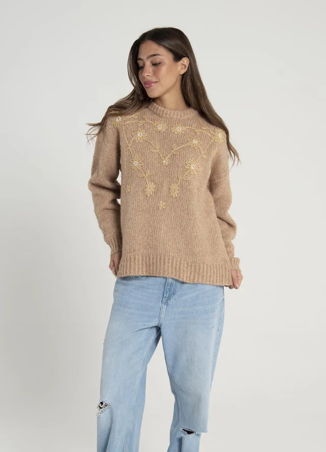 Sweater bordado flores y canutillos 
