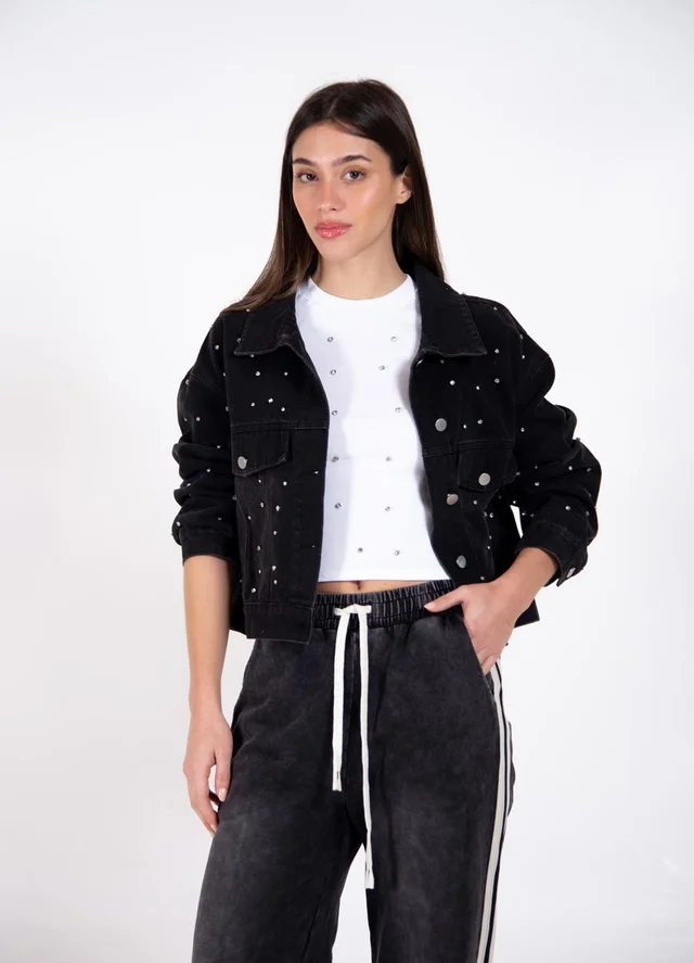 Campera denim con piedras strass