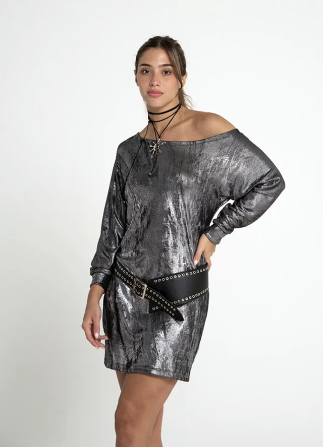 Vestido foil hombro caido