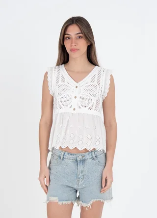 Blusa crochet con recorte combinada  - Vista 5