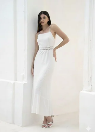 Solero de lino con recorte en cintura y bordado en falda - Vista 1