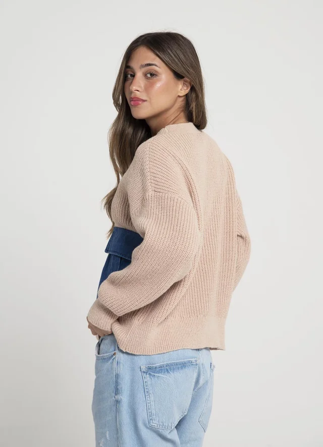 Cardigan tejido liso con bolsillos denim 