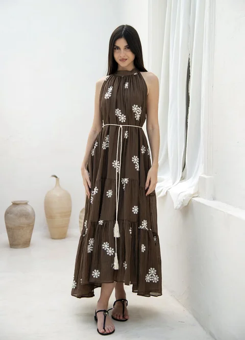 Vestido bambula bordado con lazo 