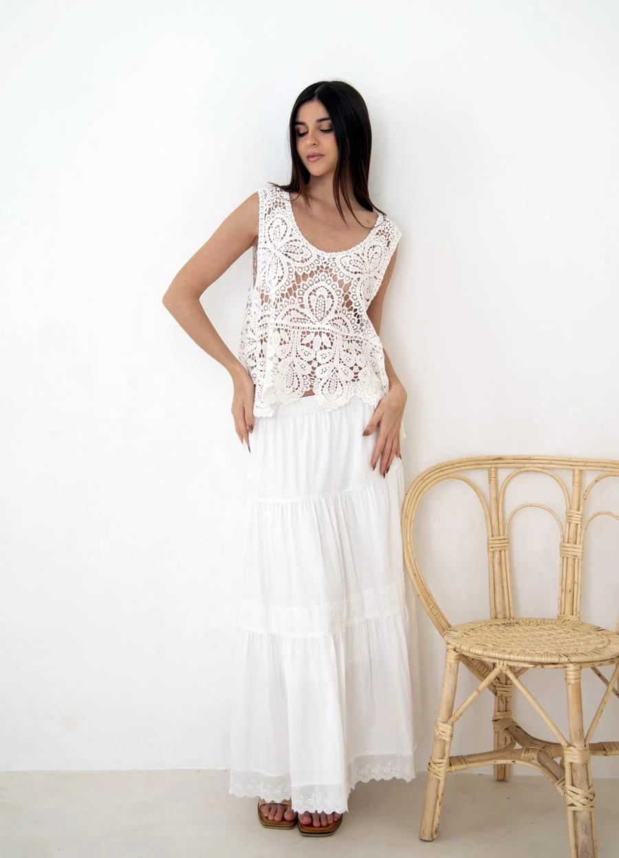 Falda con recorte combinado broderie 