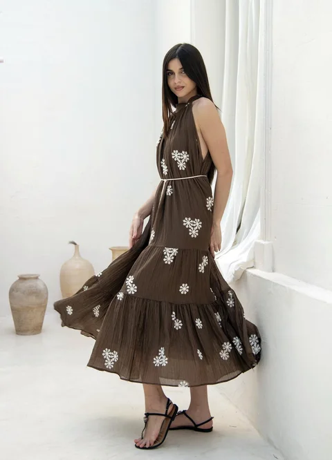 Vestido bambula bordado con lazo 