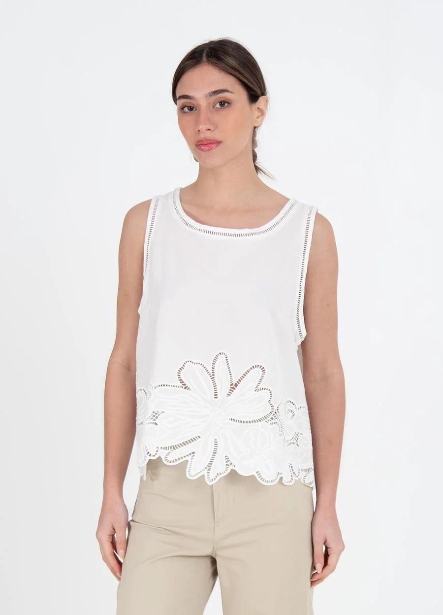 Musculosa poplin calada en ruedo flores