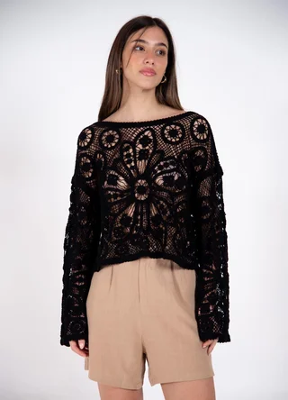 Sweater crochet red flores  - Vista 1