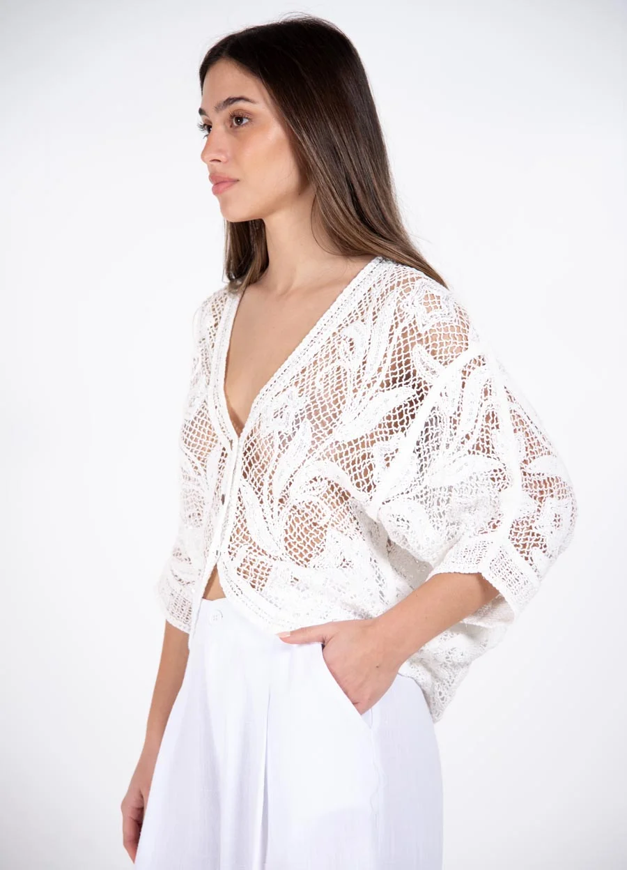Kimono con botones tejido flores c/lentejuelas 
