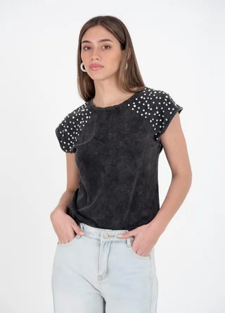 Musculosa prelavada spandex con strass en hombro  - Vista 2