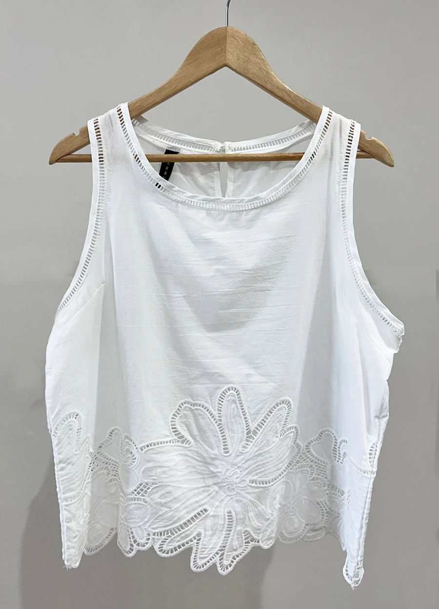 Musculosa poplin calada en ruedo flores
