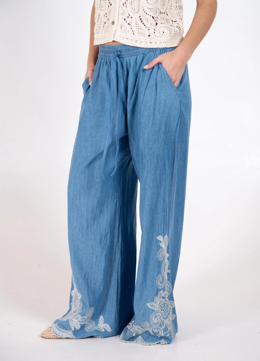 Palazzo denim bordado 