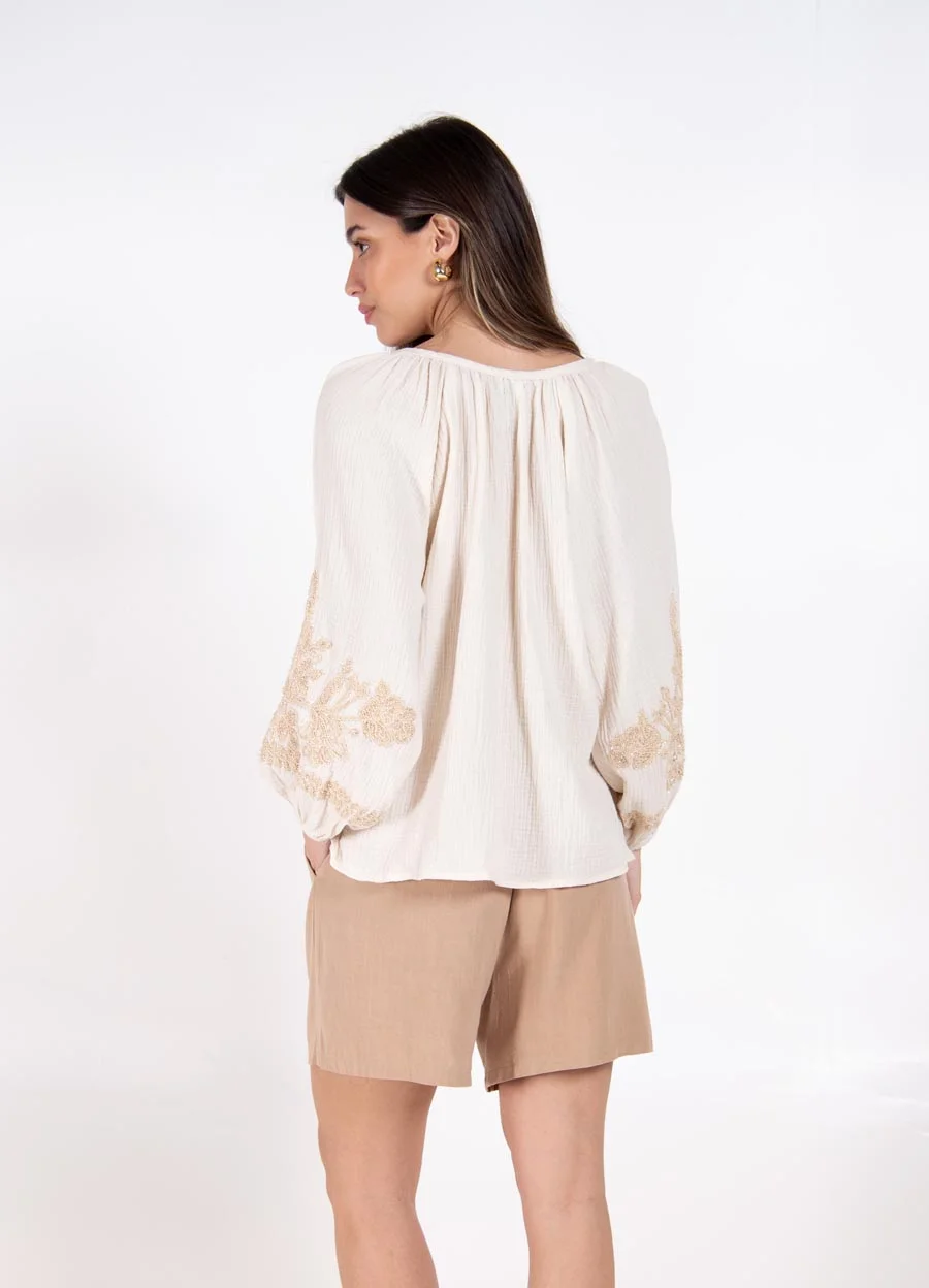 Blusa manga bombe bordado dorado 