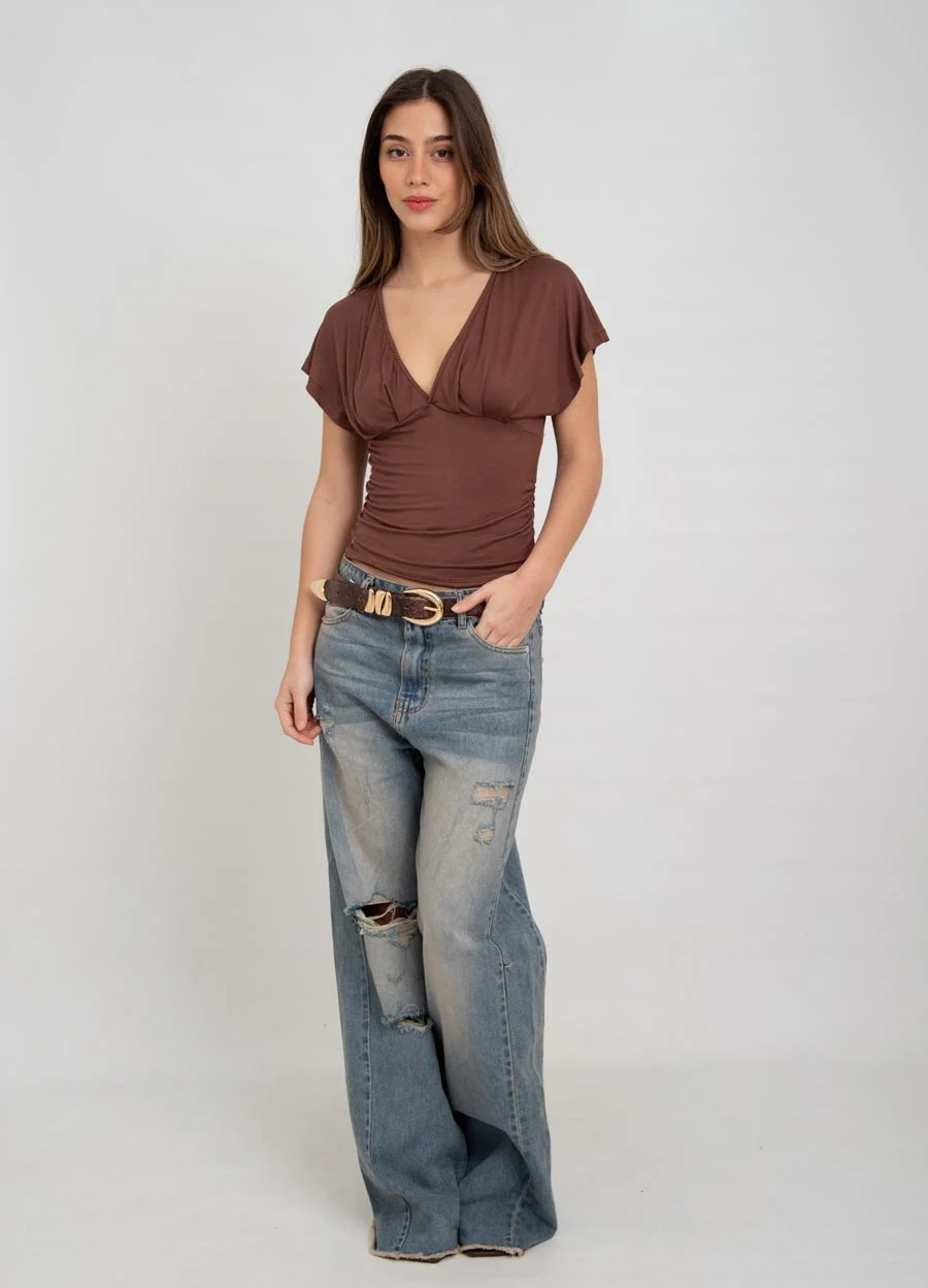 Remera viscosa c/frunce escote V 