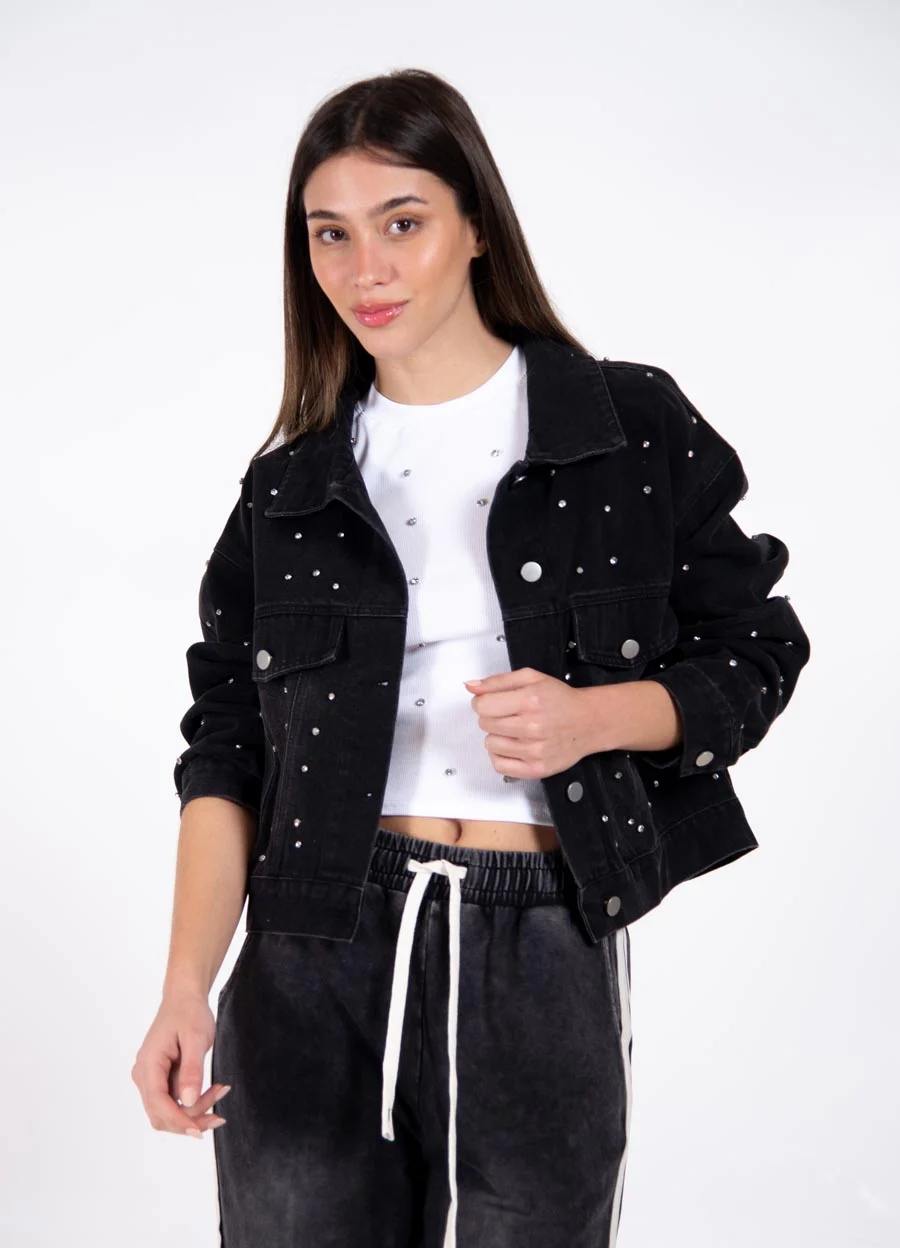 Campera denim con piedras strass