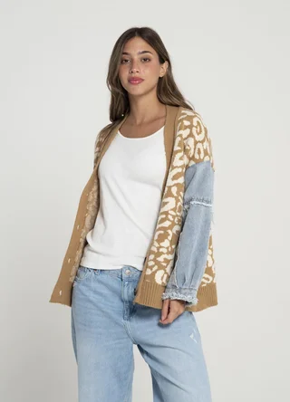 Cardigan tejido print combinado denim - Vista 3