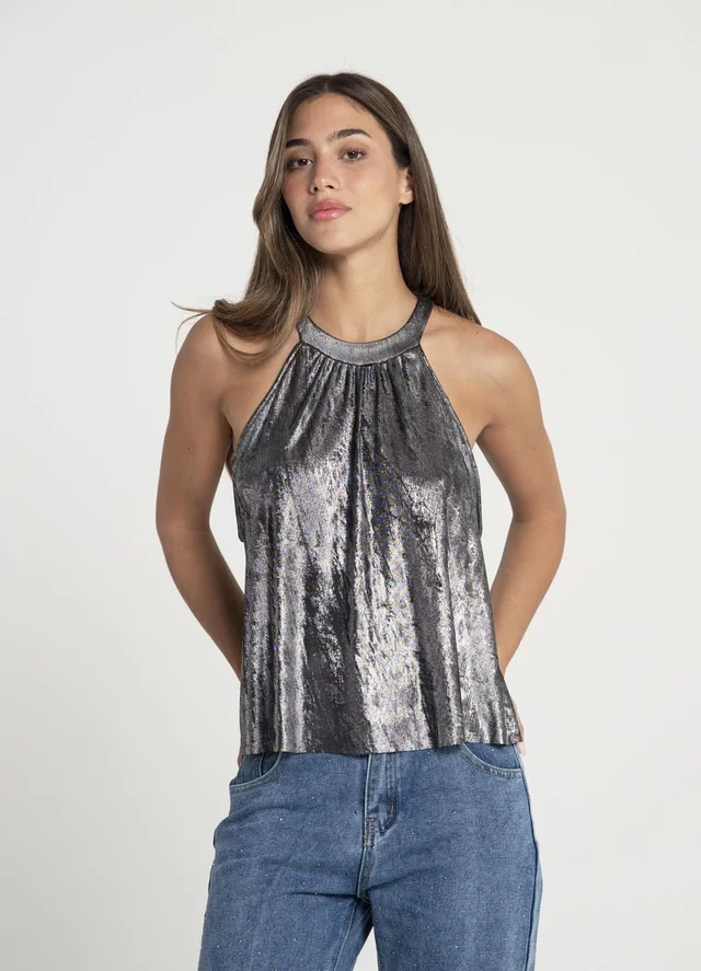 Blusa cuello halter metalizada para atar 