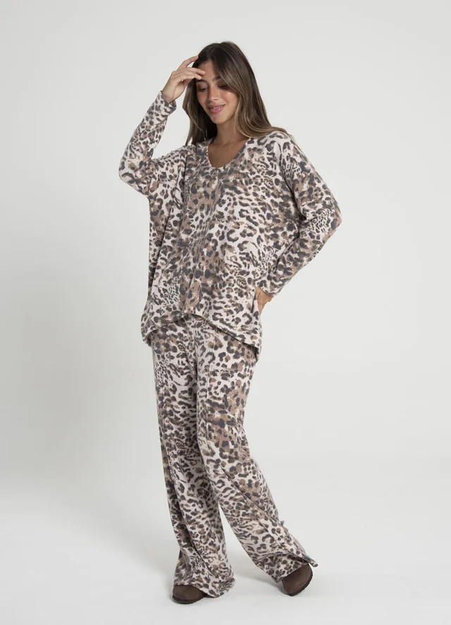 Sweater ecote V irregular print 