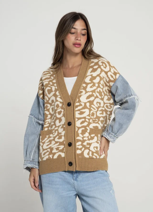 Cardigan tejido print combinado denim