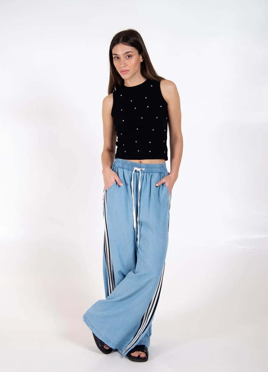 Palazzo denim con tira