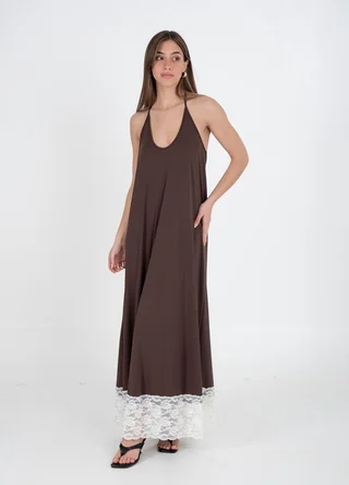 Vestido largo liso con puntilla  - Vista 2