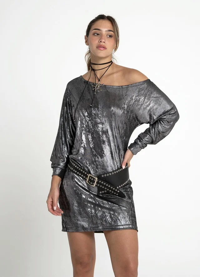 Vestido foil hombro caido