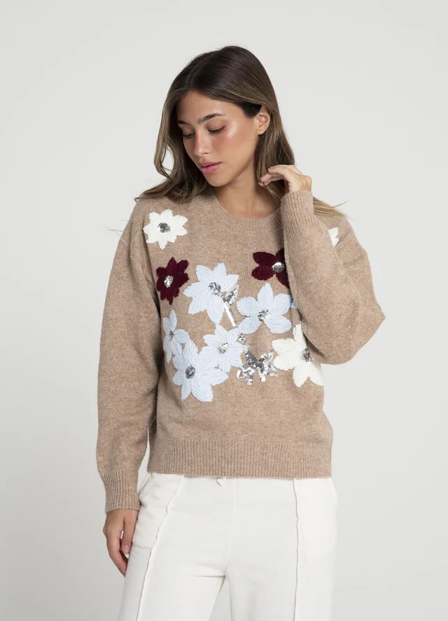 Sweater bordado flores y lentejuelas 