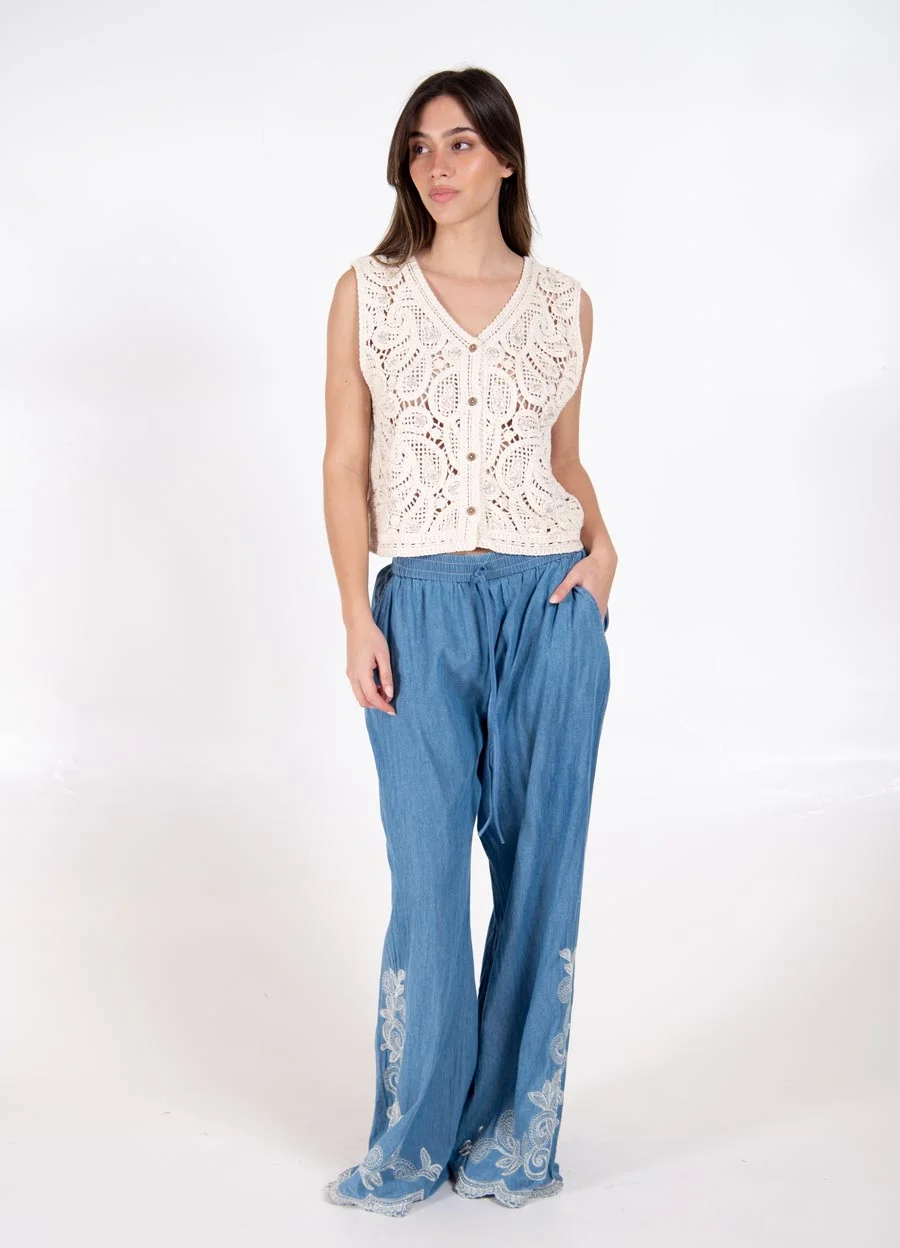 Palazzo denim bordado 