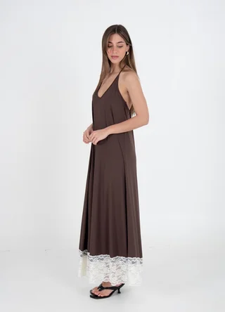 Vestido largo liso con puntilla  - Vista 6