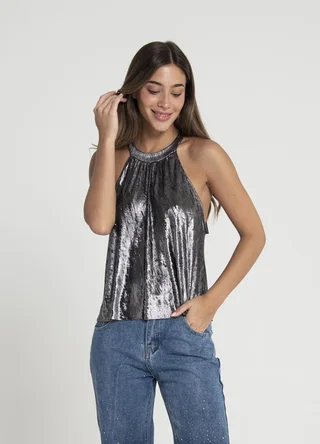Blusa cuello halter metalizada para atar  - Vista 2
