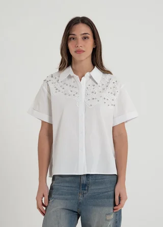 Camisa manga corta con strass - Vista 2