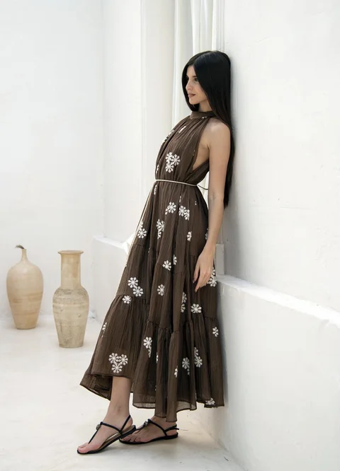 Vestido bambula bordado con lazo 