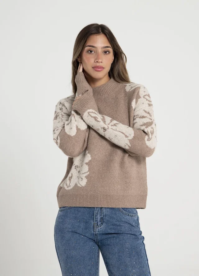 Sweater con flores y strass en manga 