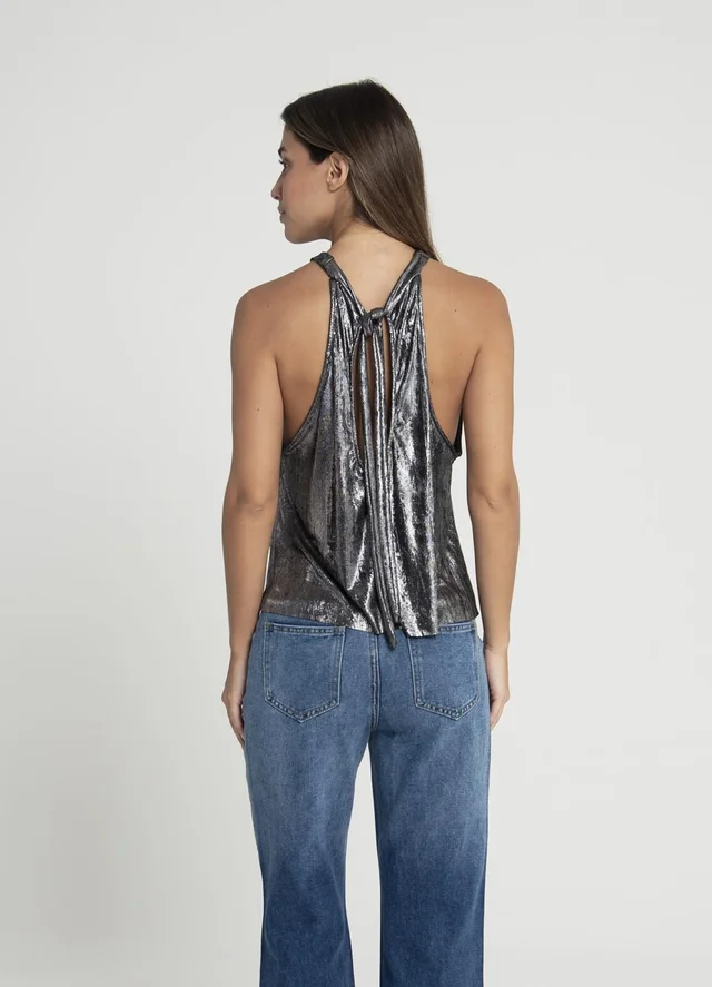Blusa cuello halter metalizada para atar 