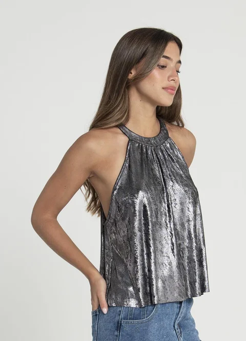 Blusa cuello halter metalizada para atar 