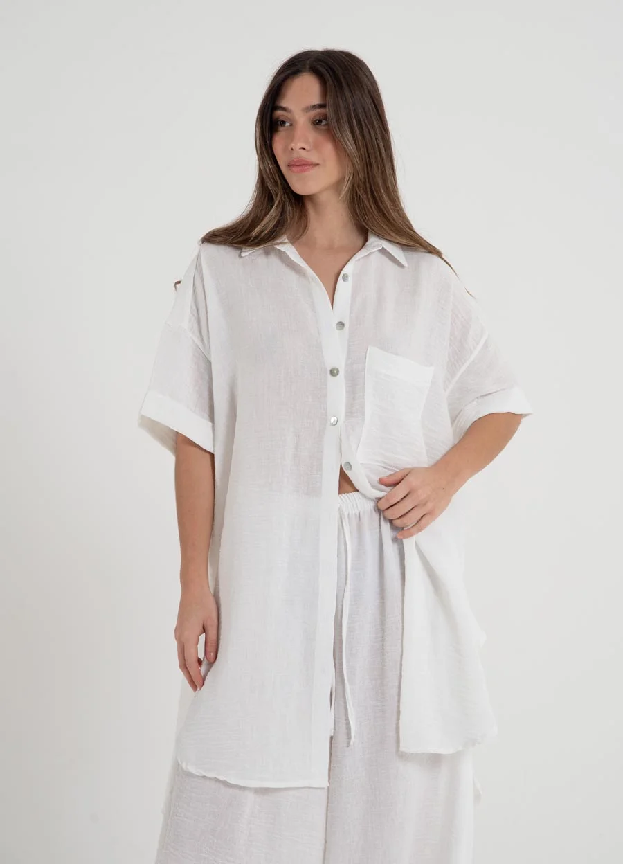 Camisola lino rustico con bolsillo lisa 