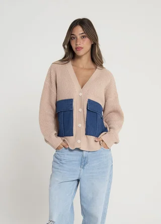 Cardigan tejido liso con bolsillos denim  - Vista 2