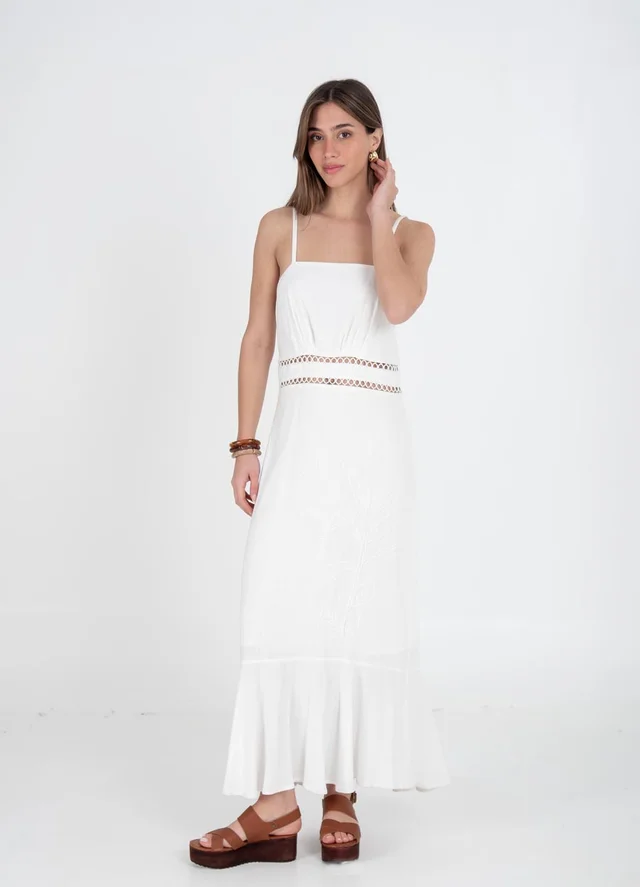 Vestido lino largo bordado 